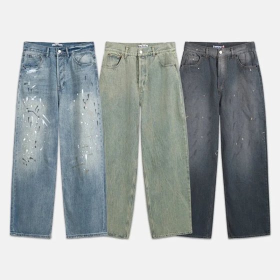 AC Hand-Painted Splatter Ink Washed Distressed Wide-Leg Jeans