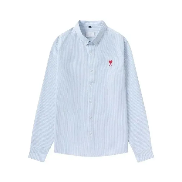 Ami Paris Striped Shirt with Red Heart Logo Light Blue Shirt - 1