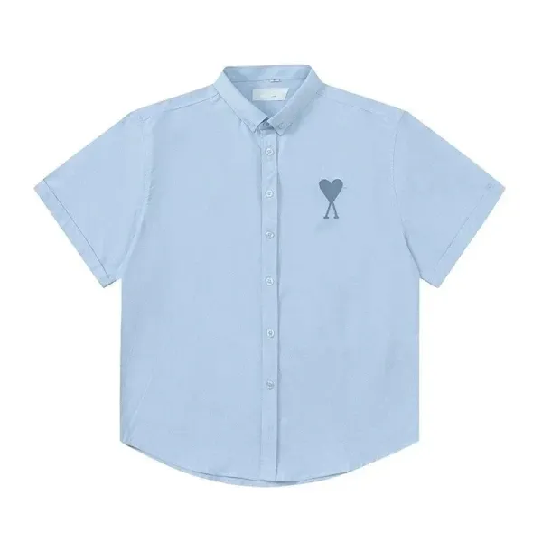 Ami Paris Heart Logo Short-Sleeve Shirt Light Blue - 1