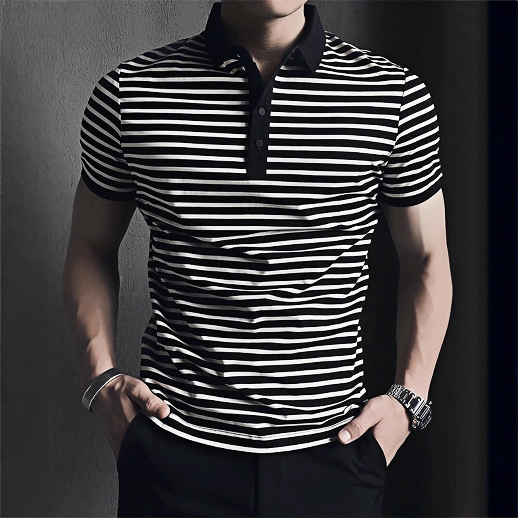 Other Men’s Black White Striped Cotton Polo Shirt - Buy on Kakobuysheetfind