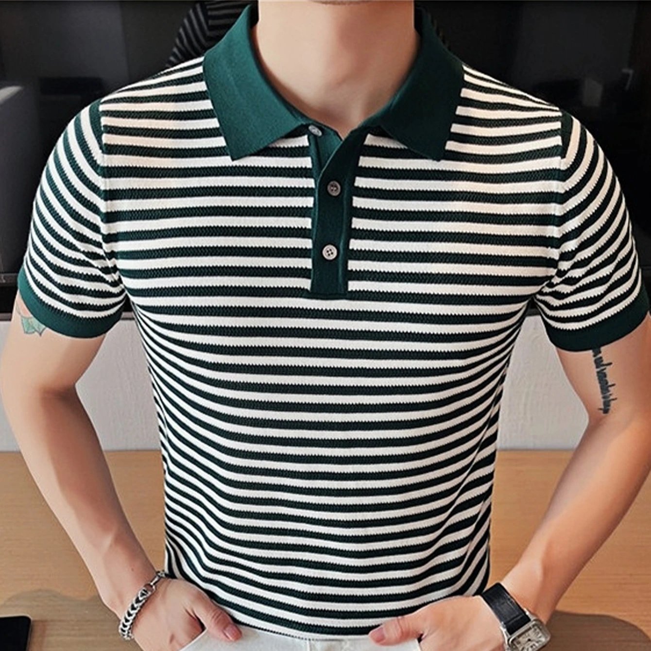 Other Other Men’s Dark Green Striped Cotton Polo Shirt - Buy on Kakobuysheetfind