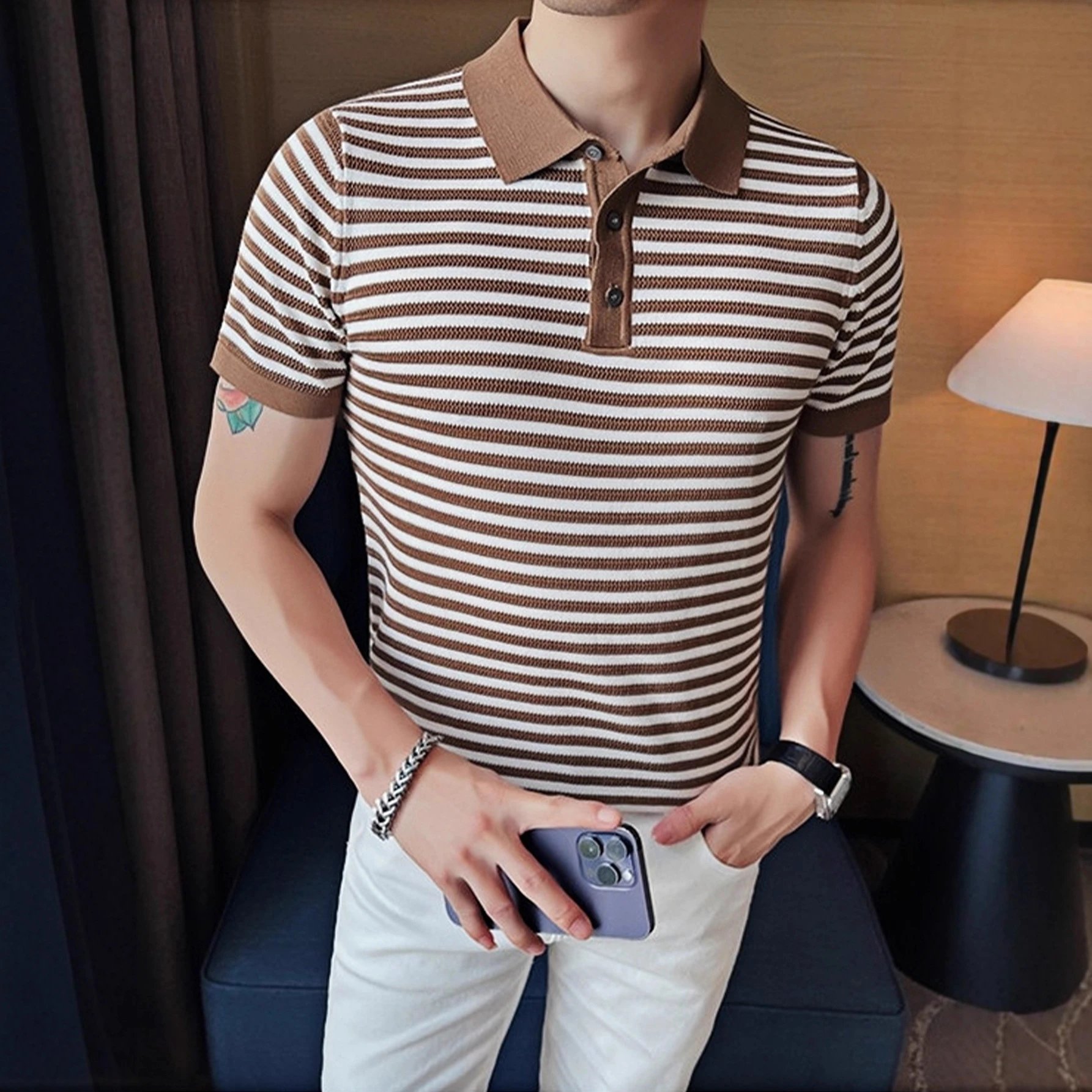 Other Retro Brown White Striped Cotton Short Sleeve Polo Shirt - Buy on Kakobuysheetfind