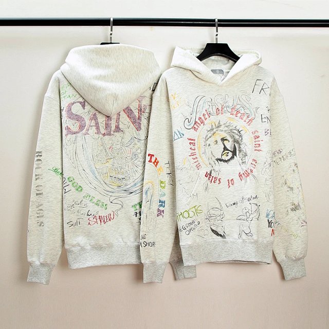 Saint Michael Saint Michael Grey White Jesus Graffiti Fleece Hoodie - Buy on Kakobuysheetfind
