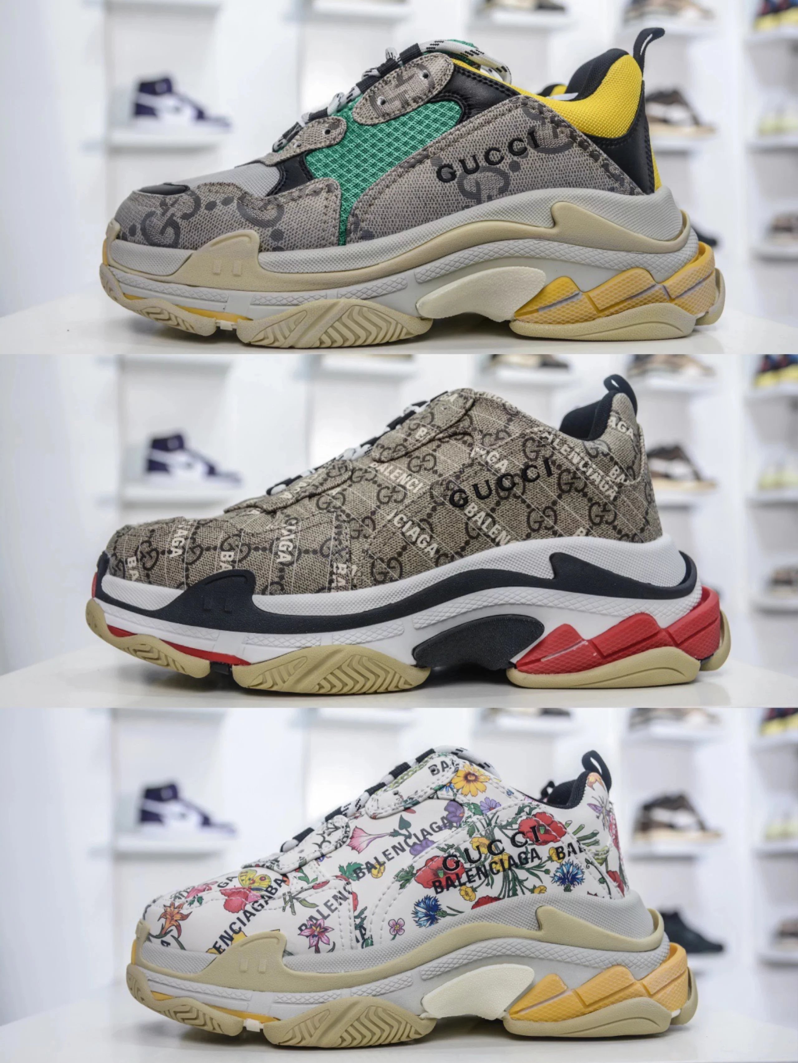 Gucci x Balenciaga 巴黎世家 古弛联名 Triple S 时尚透气老爹鞋 Triple 棕 卡其棕 象牙白花卉