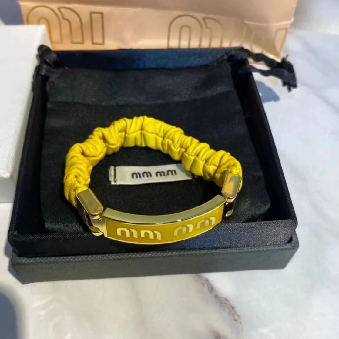Miu Jewelry Pleated Leather Logo Plaque Bracelet image 2