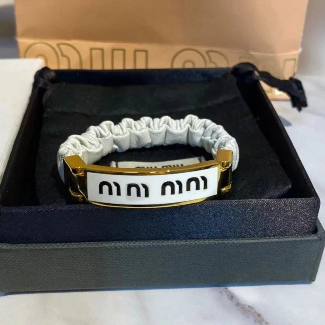 Miu Jewelry Pleated Leather Logo Plaque Bracelet image 3