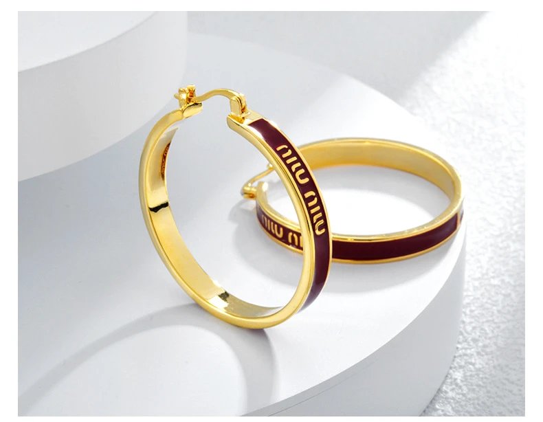 Miu Miu Enamel Hoop Earrings Burgundy Gold Jewelry - 7