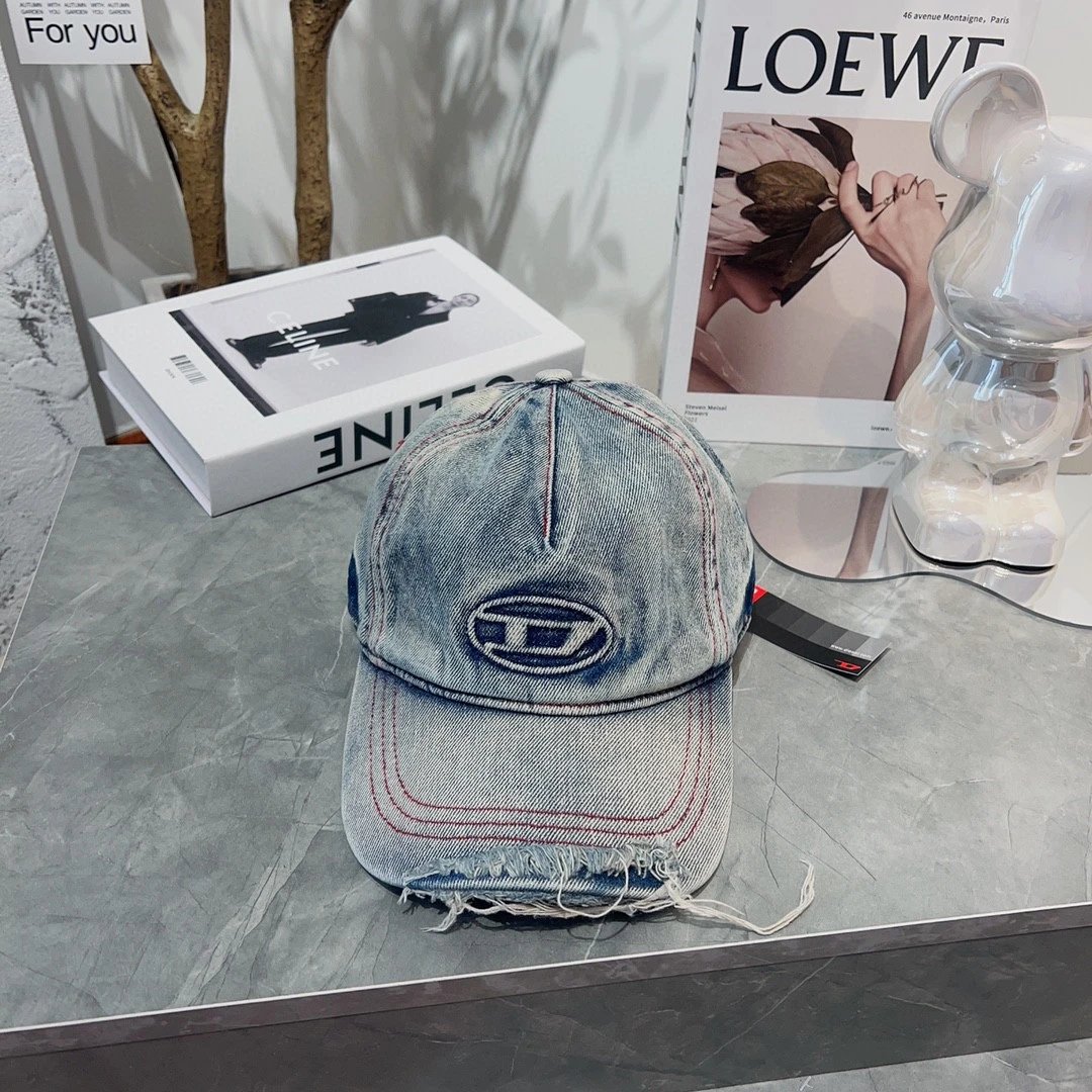 Diesel D Logo Cap Washed Light Blue Distressed Denim with Red Stitching