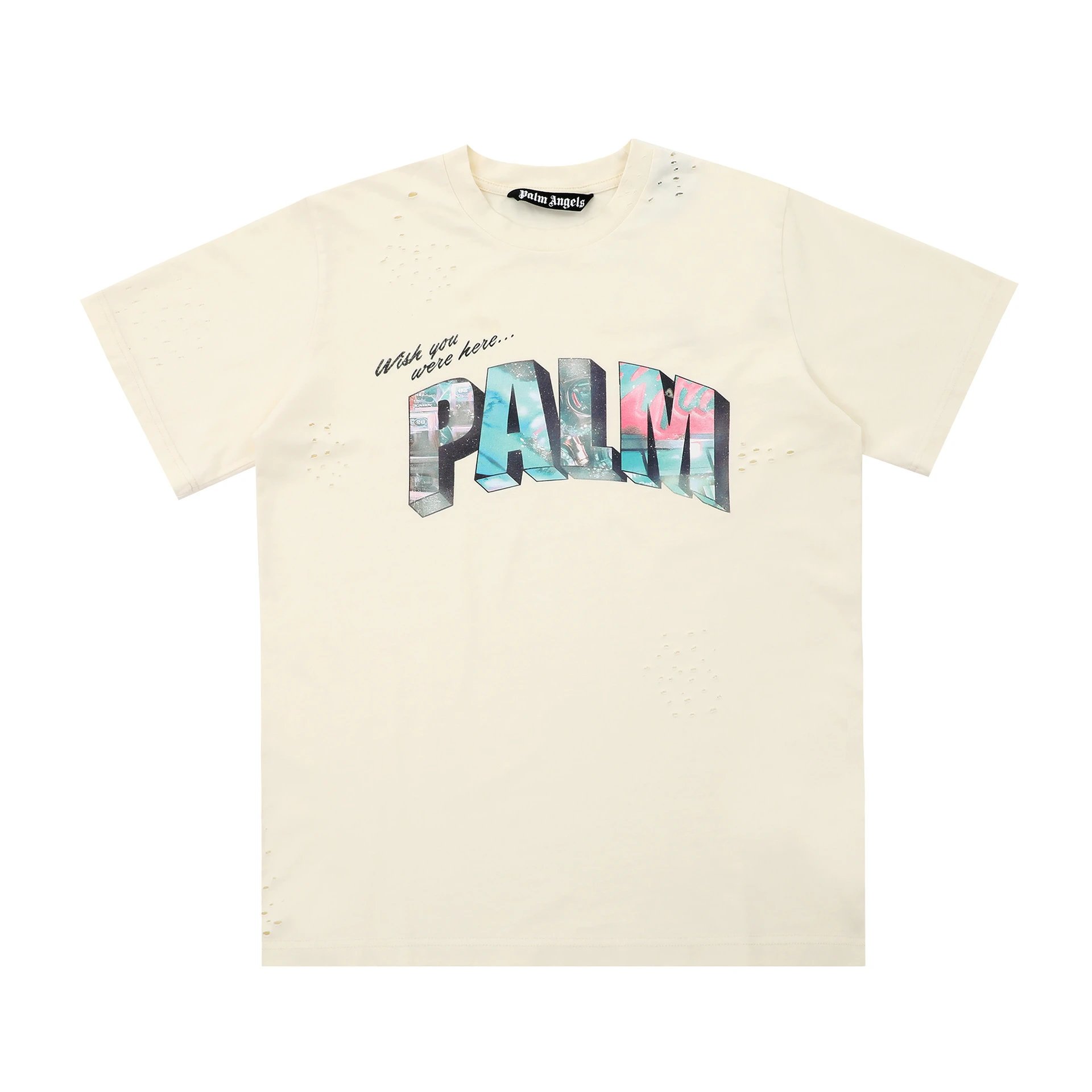 Palm Angels Wish You Were Here Distressed Tee Cream