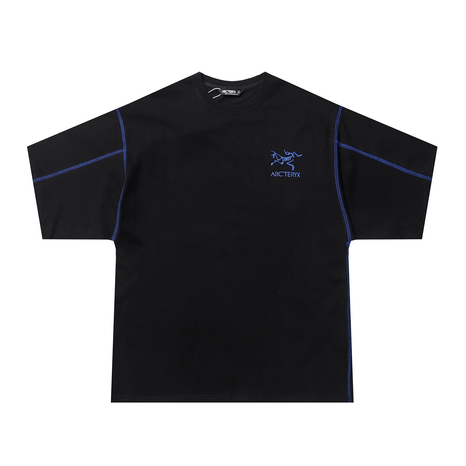 Arc'teryx T-Shirts Crew-neck T-shirt with contrast flatlock stitching and skeletal bird logo — Black and blue