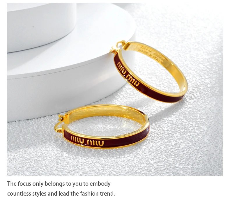 Miu Miu Enamel Hoop Earrings Burgundy Gold Jewelry - 8