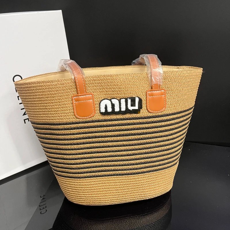 Unbranded Shoulder Bags Striped Straw Tote — Khakis Black Stripe Bag