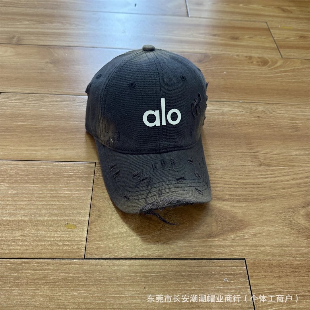 Alo Hats Distressed Logo Baseball Cap — gray