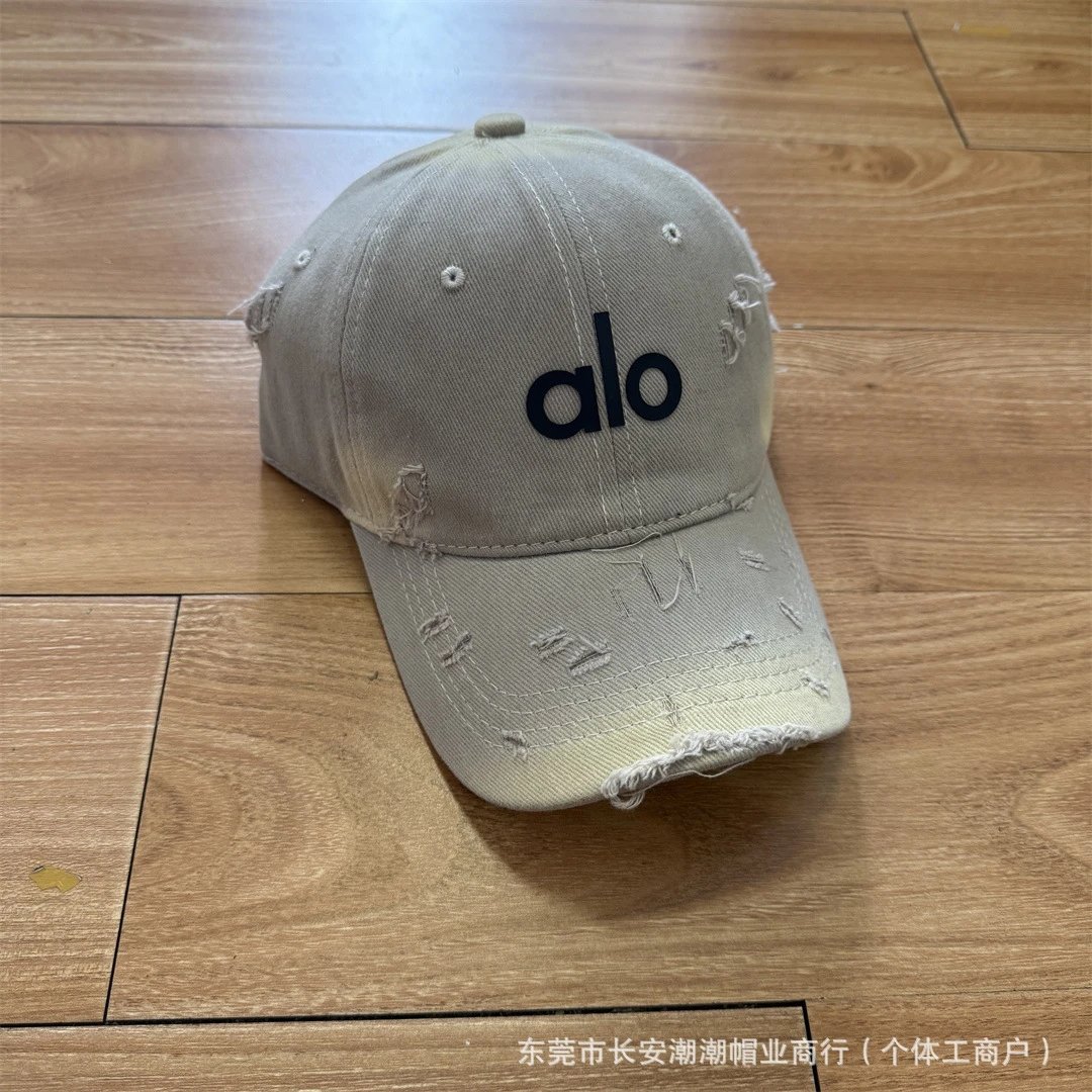 Alo Hats Distressed Logo Baseball Cap — Khaki