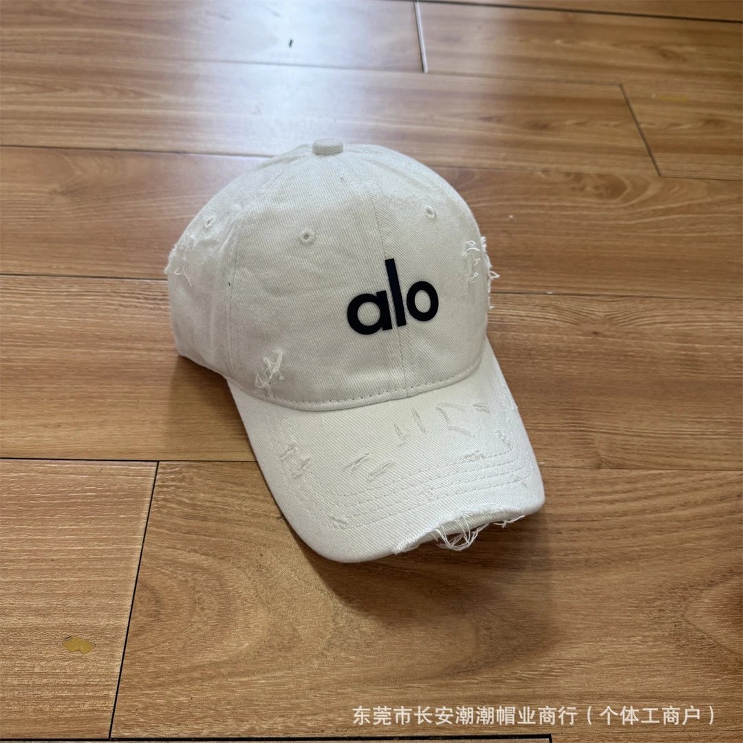 Alo Hats Distressed Logo Baseball Cap — white