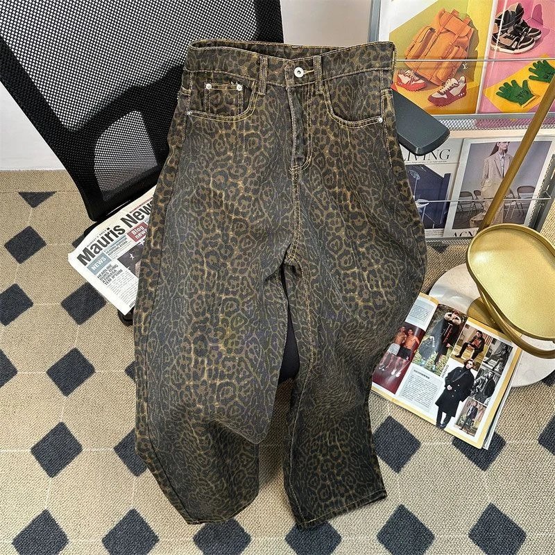 American retro high street leopard print wide leg jeans men's trendy brand street design sense loose straight casual long pants