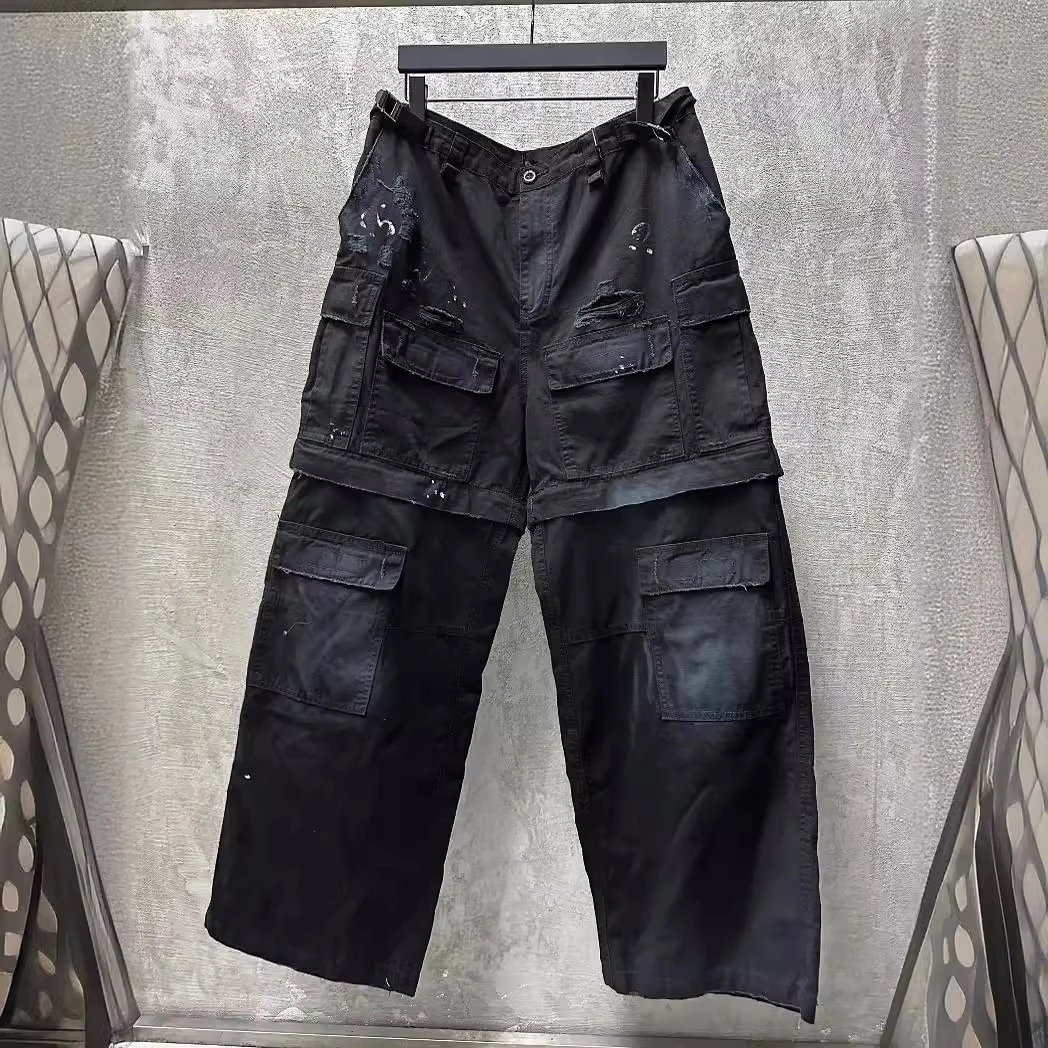 Black Cargo Pants with Distressed Details