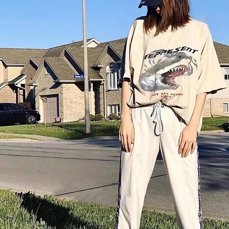 Represent Shark Print Oversized T-Shirt with Side-Stripe Track Pants