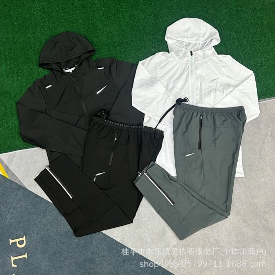 New Training Quick-Dry Long Pants and Jacket Set - Breathable, Sweat-Wicking, Reflective Strip for Running, Fitness, and Outdoor Sports