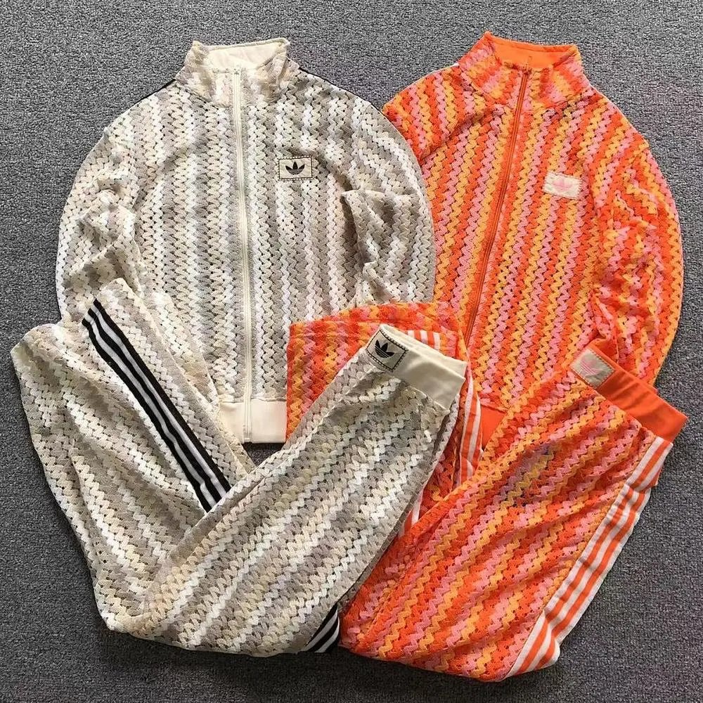 Adidas crochet texture zip jacket and striped track pants suit/set — W2CFinds curated find