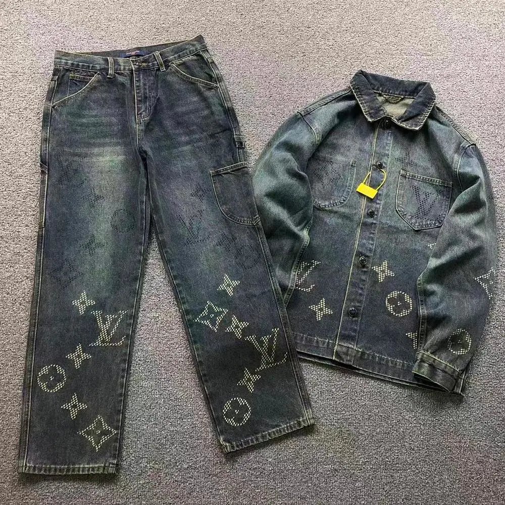 Louis Vuitton rhinestone denim jacket and cargo jeans set — W2CFinds curated find