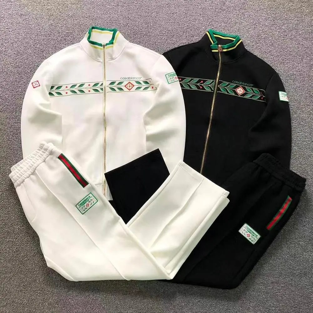 Casablanca leaf print stand collar zip jacket and side stripe sweatpants suit/set — W2CFinds curated find