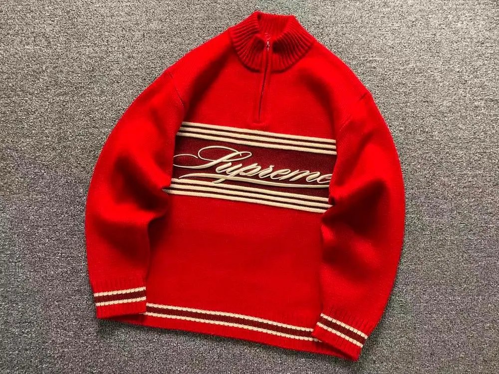 Supreme Knitwear Quarter-Zip Striped Logo Sweater image 3