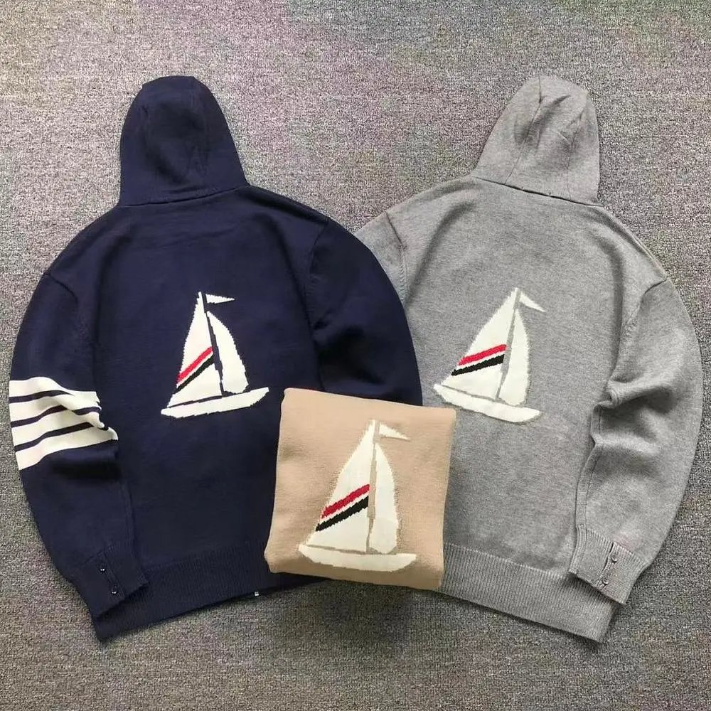 Thom Browne sailboat print zip-up hooded sweater — W2CFinds curated find