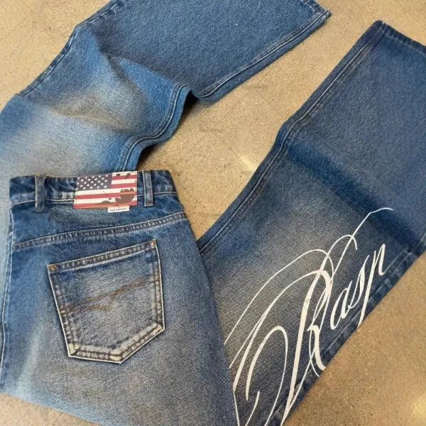 Design Flared Jeans with White Script Print Black Jeans - 7