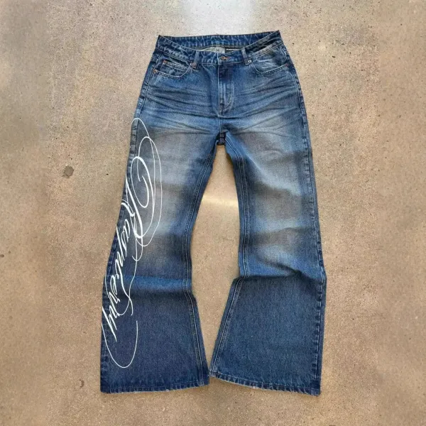 Design Flared Jeans with White Script Print Black Jeans - 4
