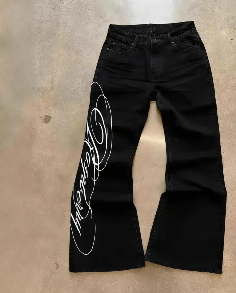 Design Flared Jeans with White Script Print Black Jeans - 8