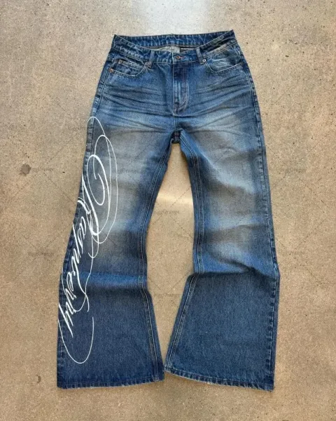 Design Flared Jeans with White Script Print Black Jeans - 3