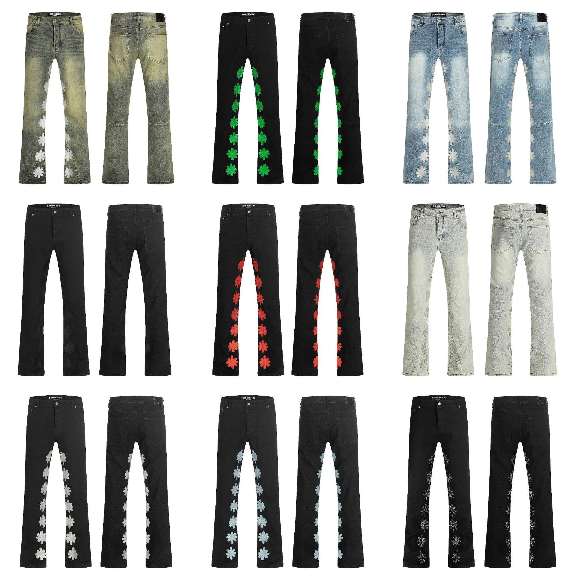 LOSTSHDWS JEANS 太阳花朵重工烫钻刺绣美式高街水洗微喇牛仔裤男 - 135389