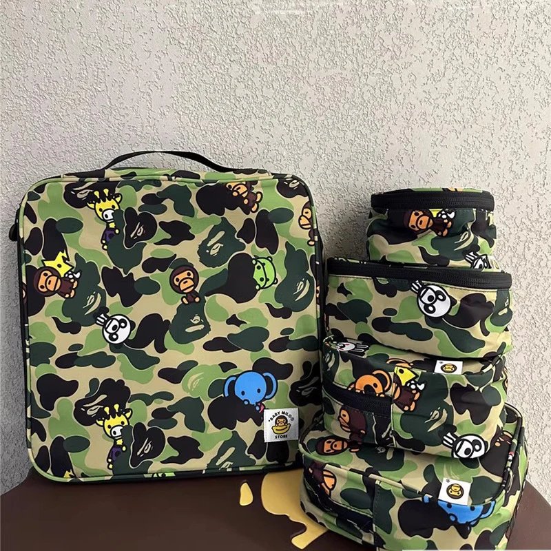 现货BAPE BABY MILO 绿迷彩小猴子可爱卡收纳袋卡通收纳包五件套 - 136764
