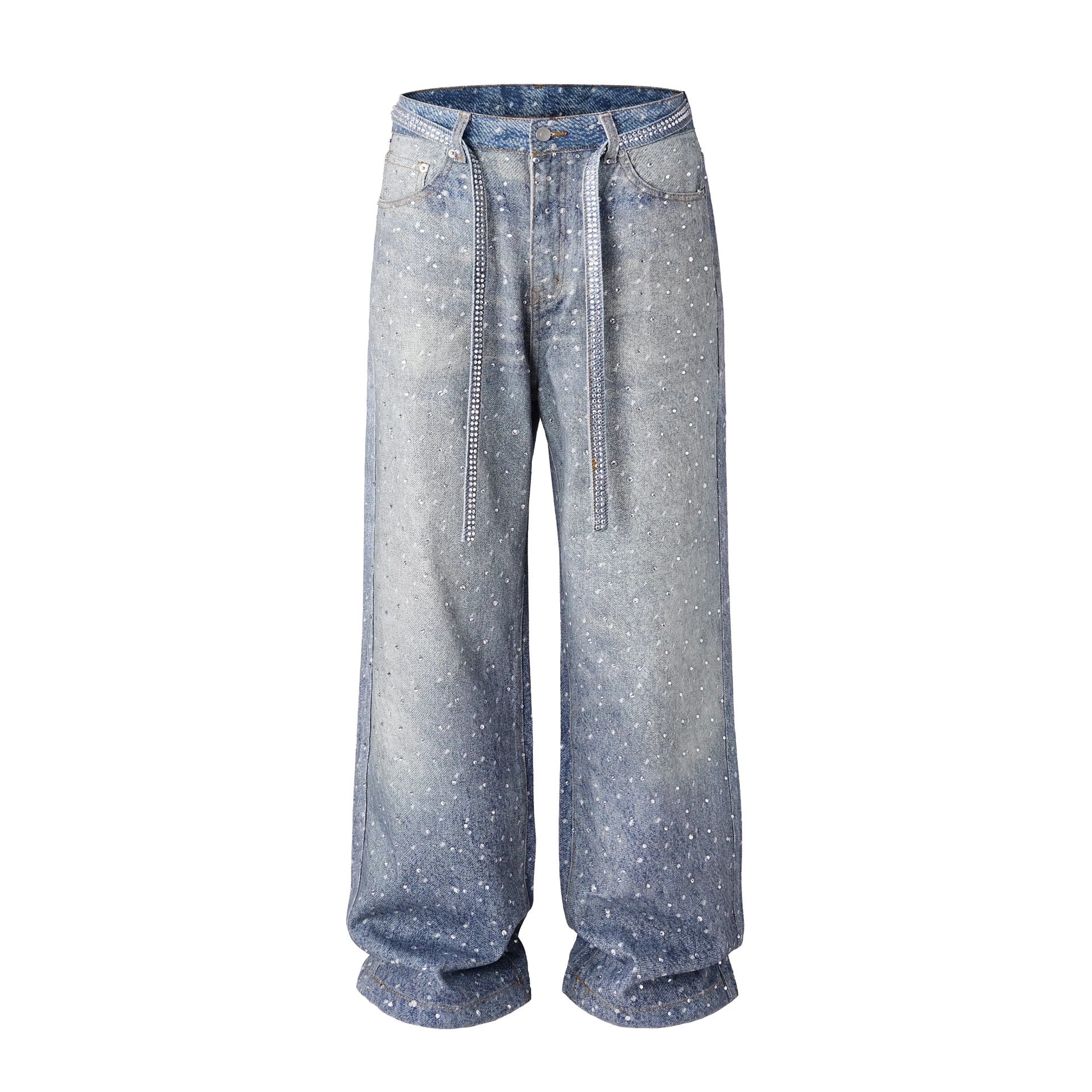 欧美高街水洗宽松阔腿满钻印花堆积牛仔裤 jeans 附送满钻腰带 - 136695