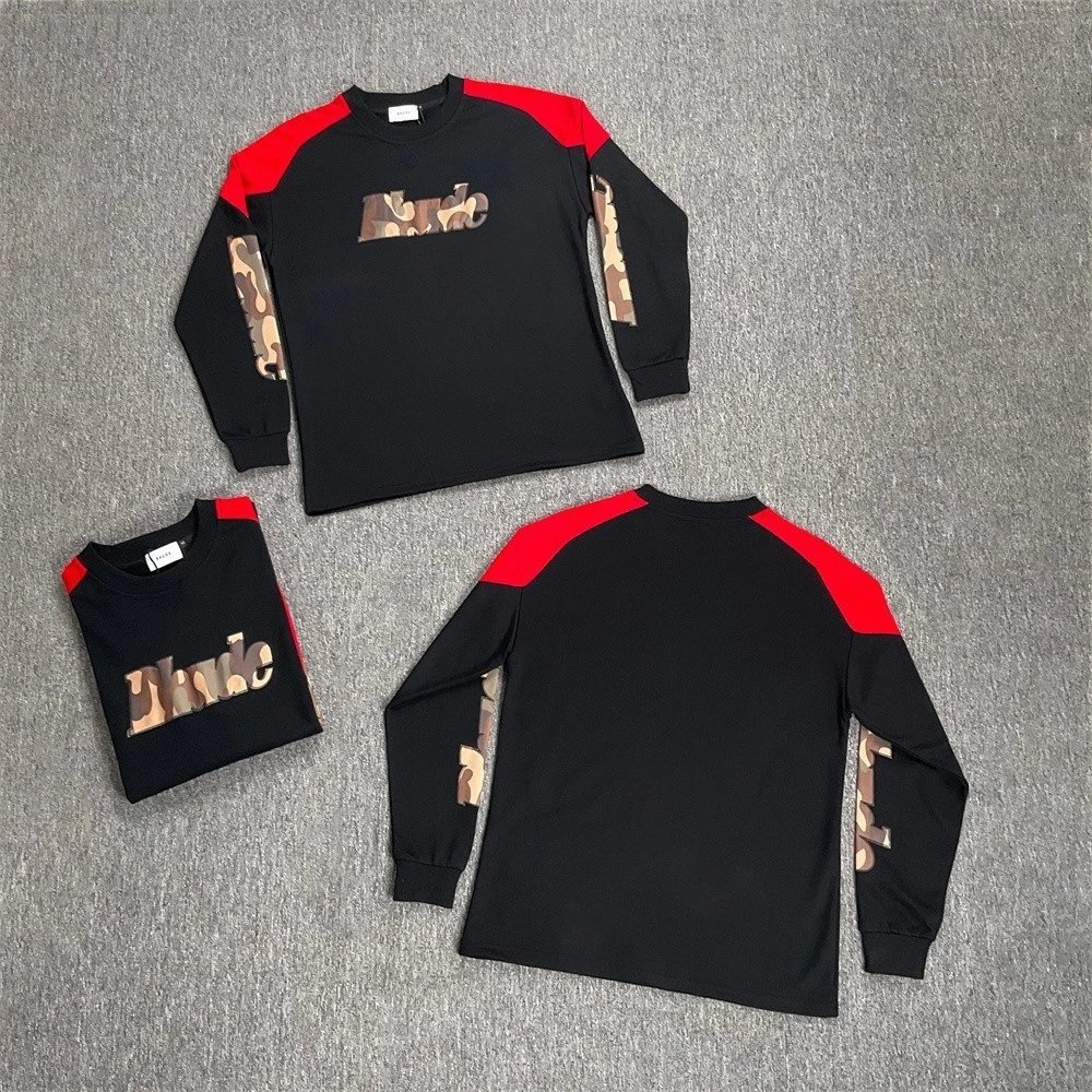 RHUDE新款迷彩贴布刺绣字母美潮男女休闲潮流拼色圆领长袖卫衣 - 136439
