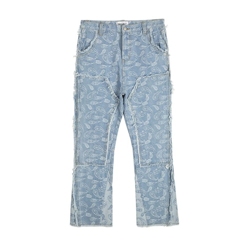 新品欧美复古街头INS潮流腰果花微喇牛仔裤 时尚休闲宽松牛仔裤 - 135767