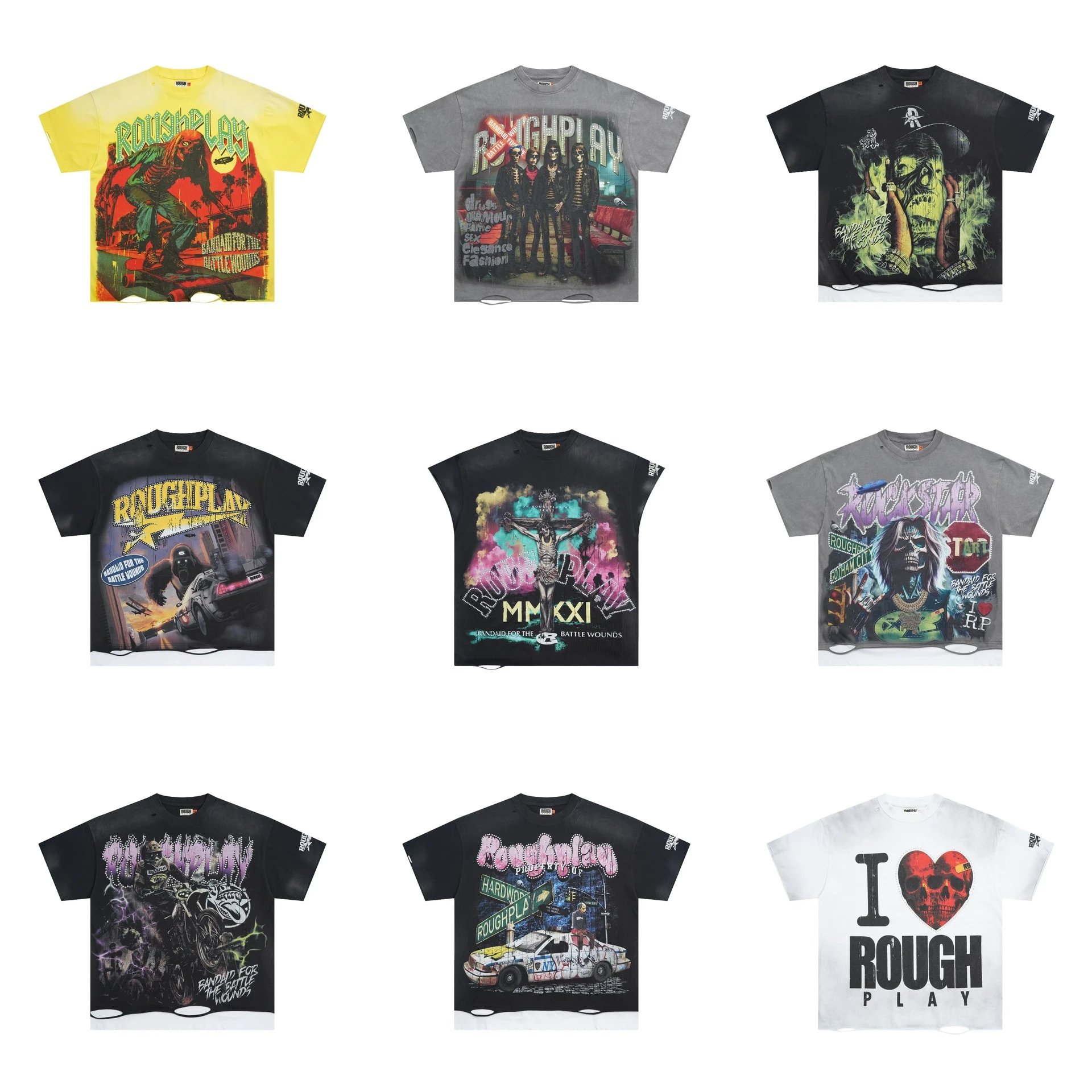 RoughPlay NYC T-Shirt美潮高街洗水做旧破洞大幅闪亮带钻短袖T恤 - 135853