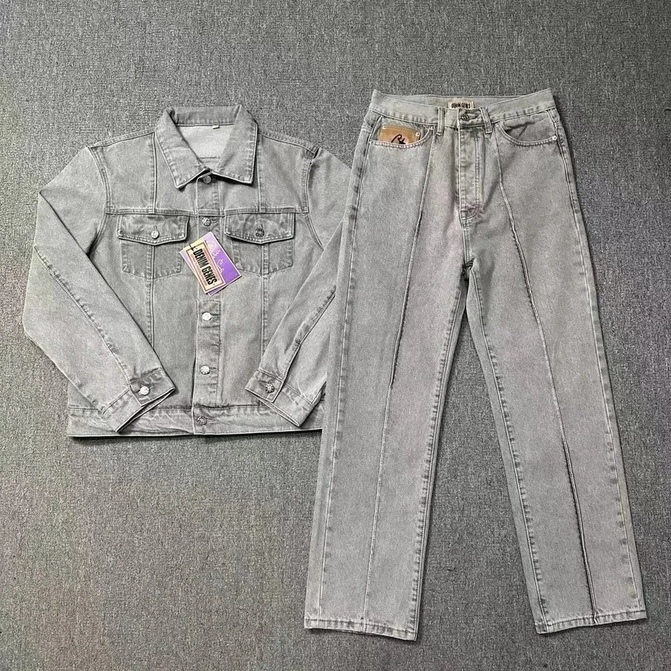 Unbranded Star-embroidered denim garments — Gray suit