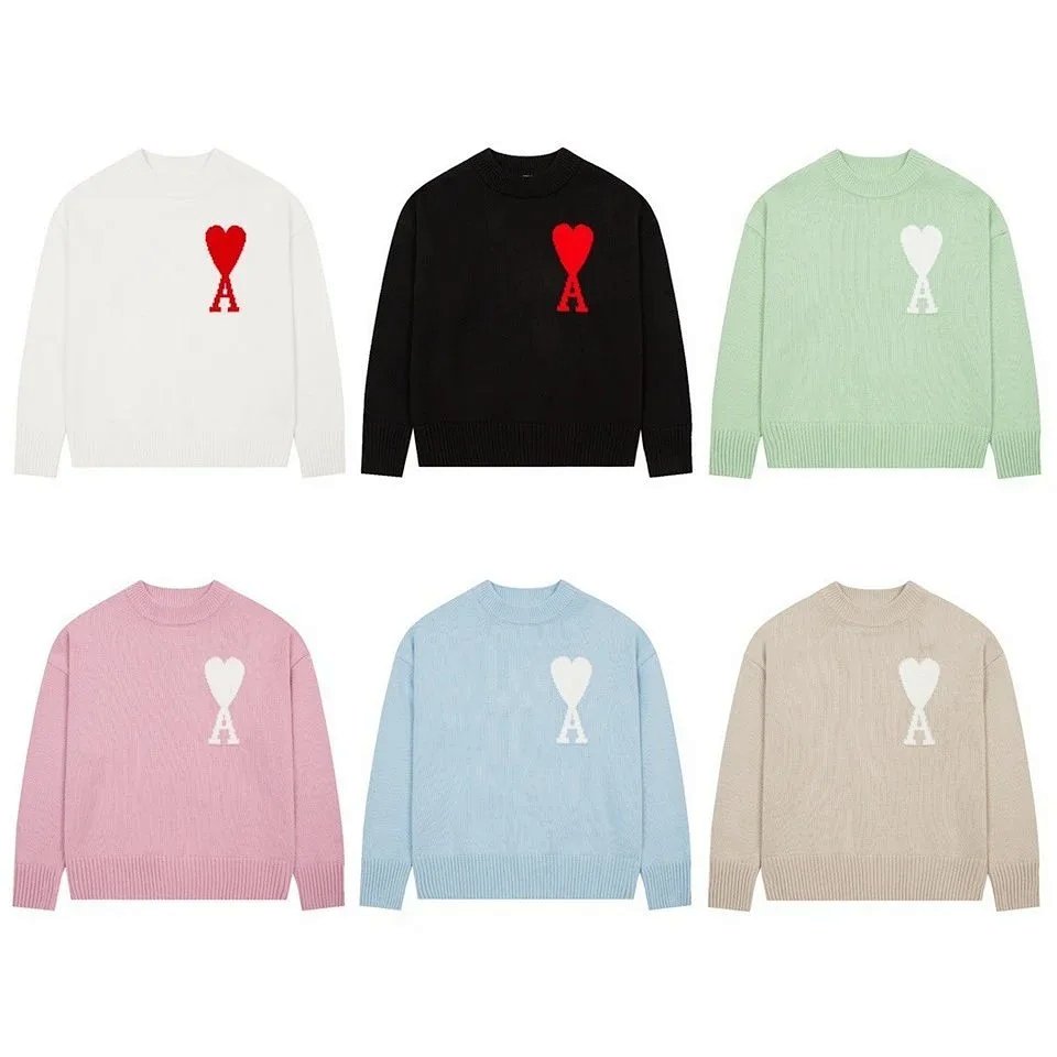 AMI Sweater Series Solid Color Heart Jacquard Knit Long-Sleeve Sweater