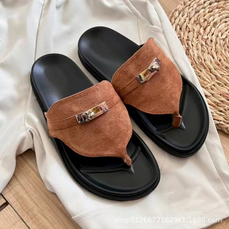 Unbranded Slippers Thong with Metal Turn-Lock Buckle — Black-soled brown suede flip-flops