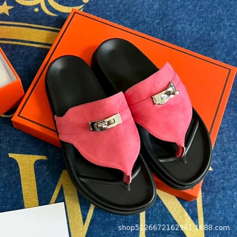Unbranded Slippers Thong with Metal Turn-Lock Buckle — Peach pink suede thong sandals