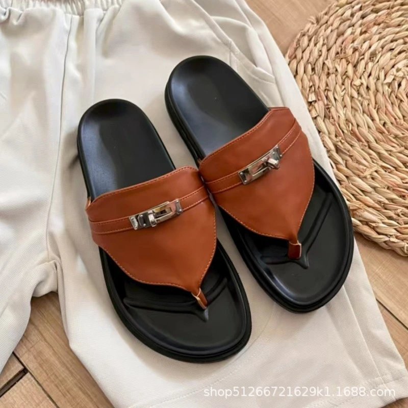 Unbranded Slippers Thong with Metal Turn-Lock Buckle — Dark brown leather thong sandals