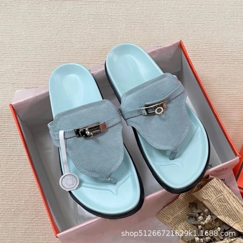 Unbranded Slippers Thong with Metal Turn-Lock Buckle — Sky-blue suede flip-flops