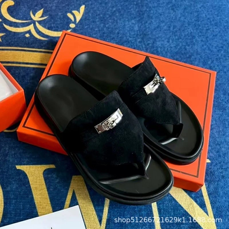 Unbranded Slippers Thong with Metal Turn-Lock Buckle — Black suede flip-flops