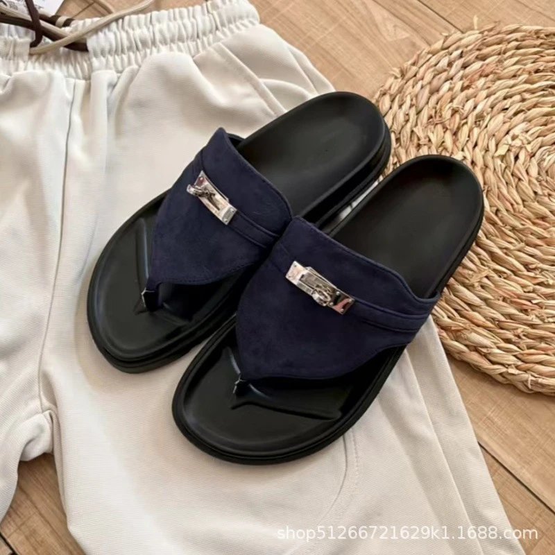 Unbranded Slippers Thong with Metal Turn-Lock Buckle — Dark blue suede flip-flops