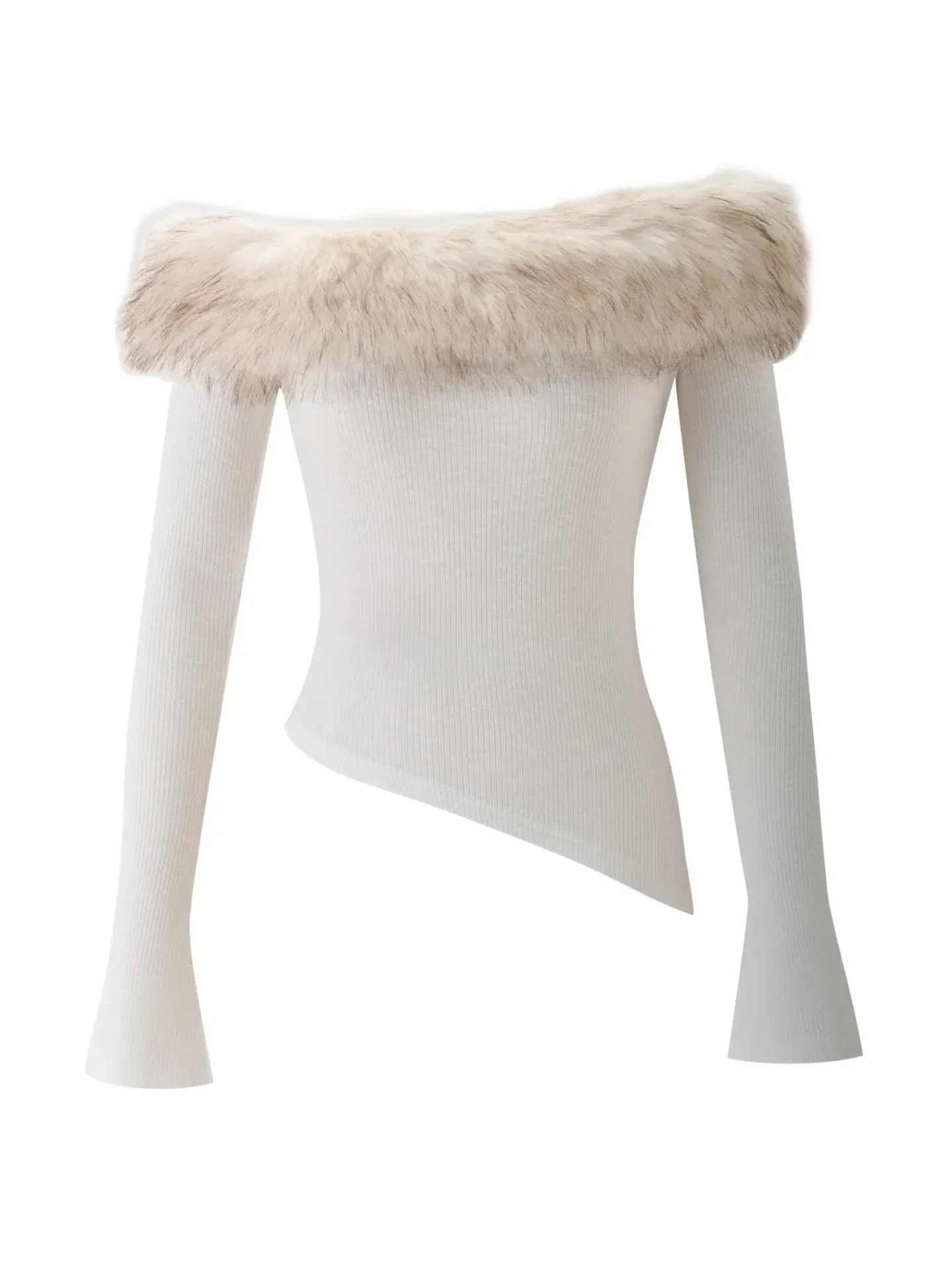 Off Shoulder Faux Fur Trim Ribbed Long Sleeve Crop Top