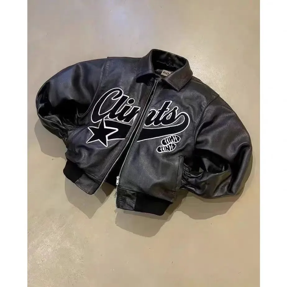 Clints brand American retro leather baseball jacket