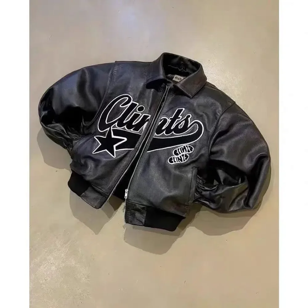 Clints brand American retro leather baseball jacket