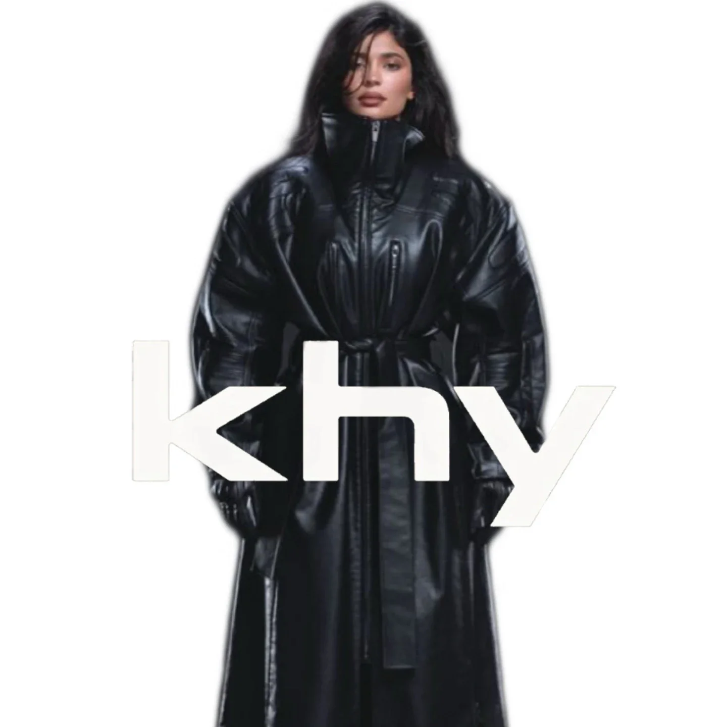 KHY High Neck Waist-tie Long Leather Trench Coat